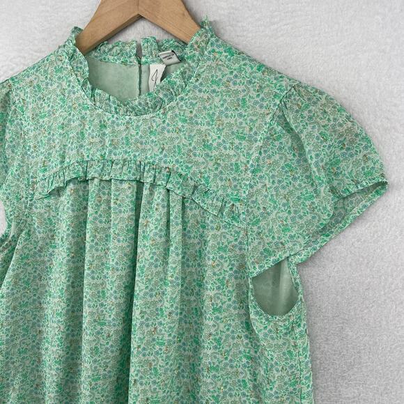 JOIE Top S Reut Crepe Floral Metallic Blouse Ruffle Flutter Sleeve Lined Green - Picture 5 of 12
